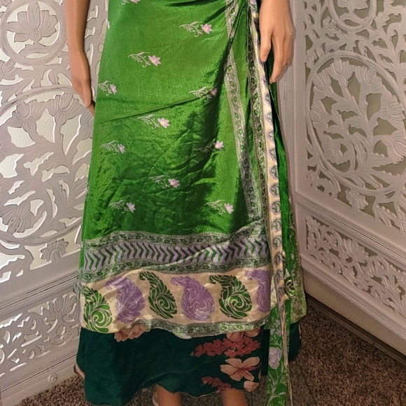 Exotic Silk Boho Green Multicolor Reversible Wrap Maxi Skirt - Picture 14 of 16